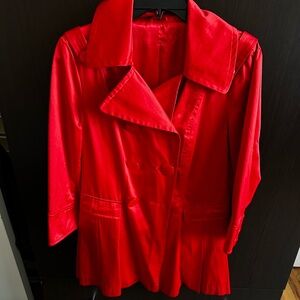 Preowned Bebe Trench Coat 3/4 Sleeves Belted Shiny Satin Fabric Bright Red Sz L